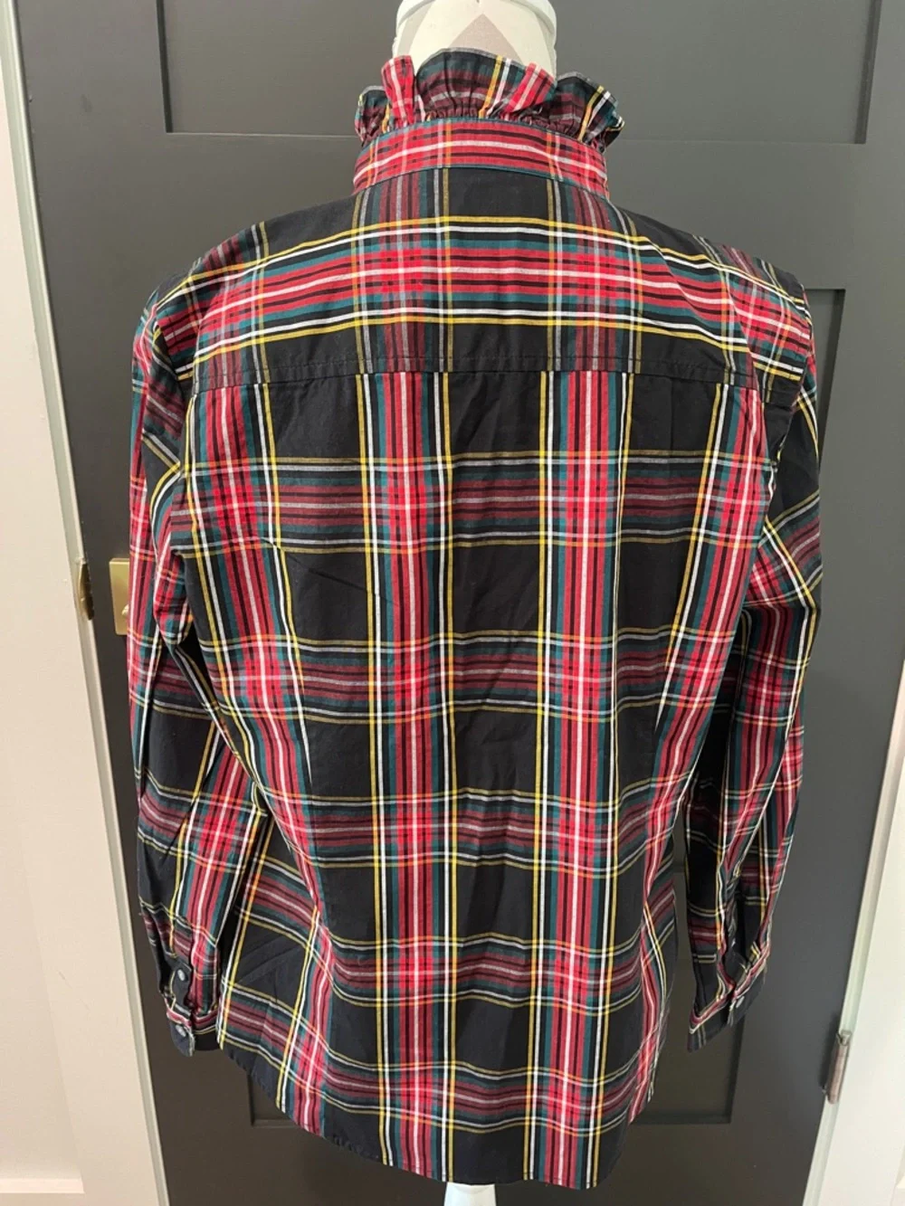 J.Crew Ruffle Plaid Feminine Blouse With Rhinestone Buttons Size L